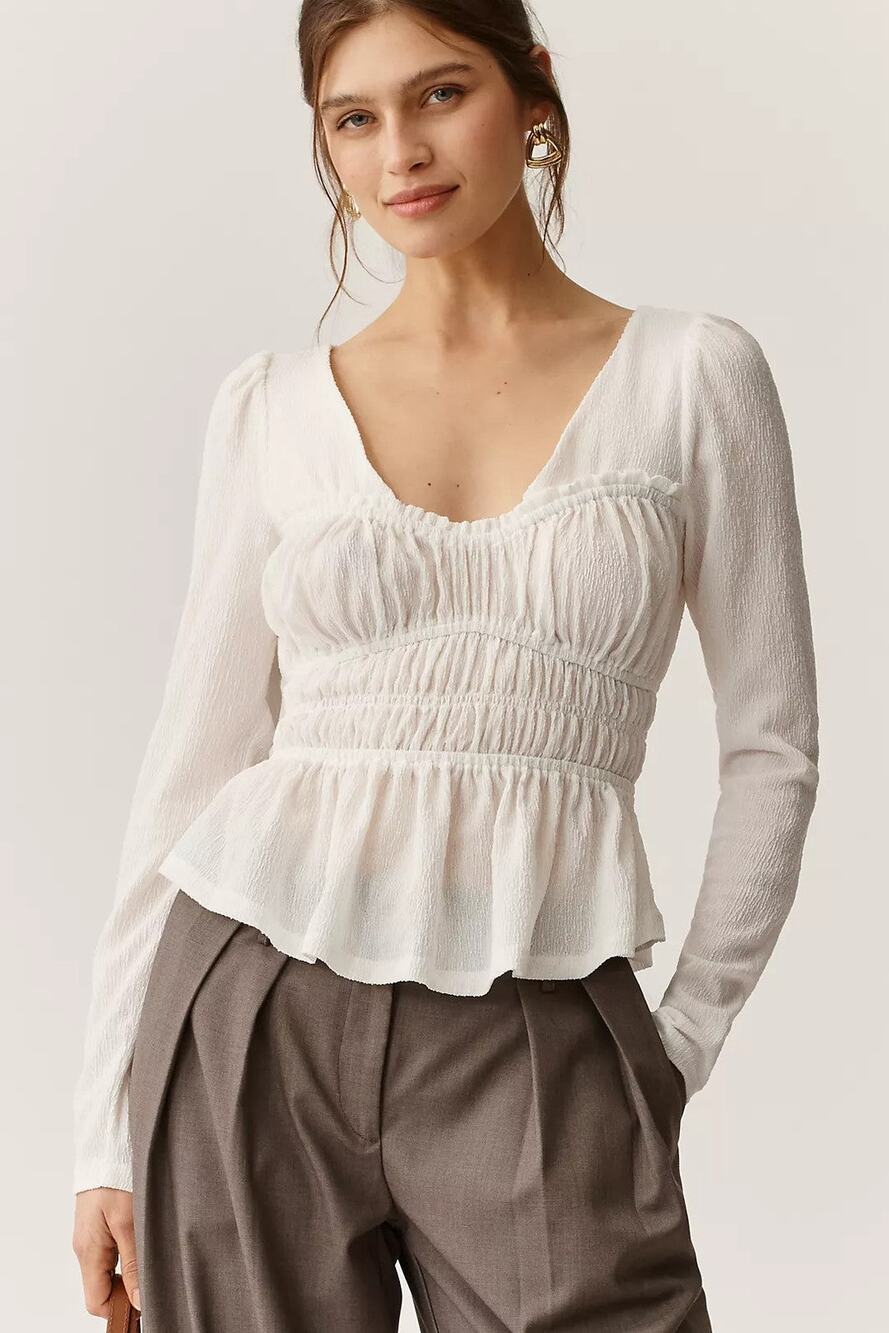 Maeve Long-Sleeve Smocked V-Neck Top - L